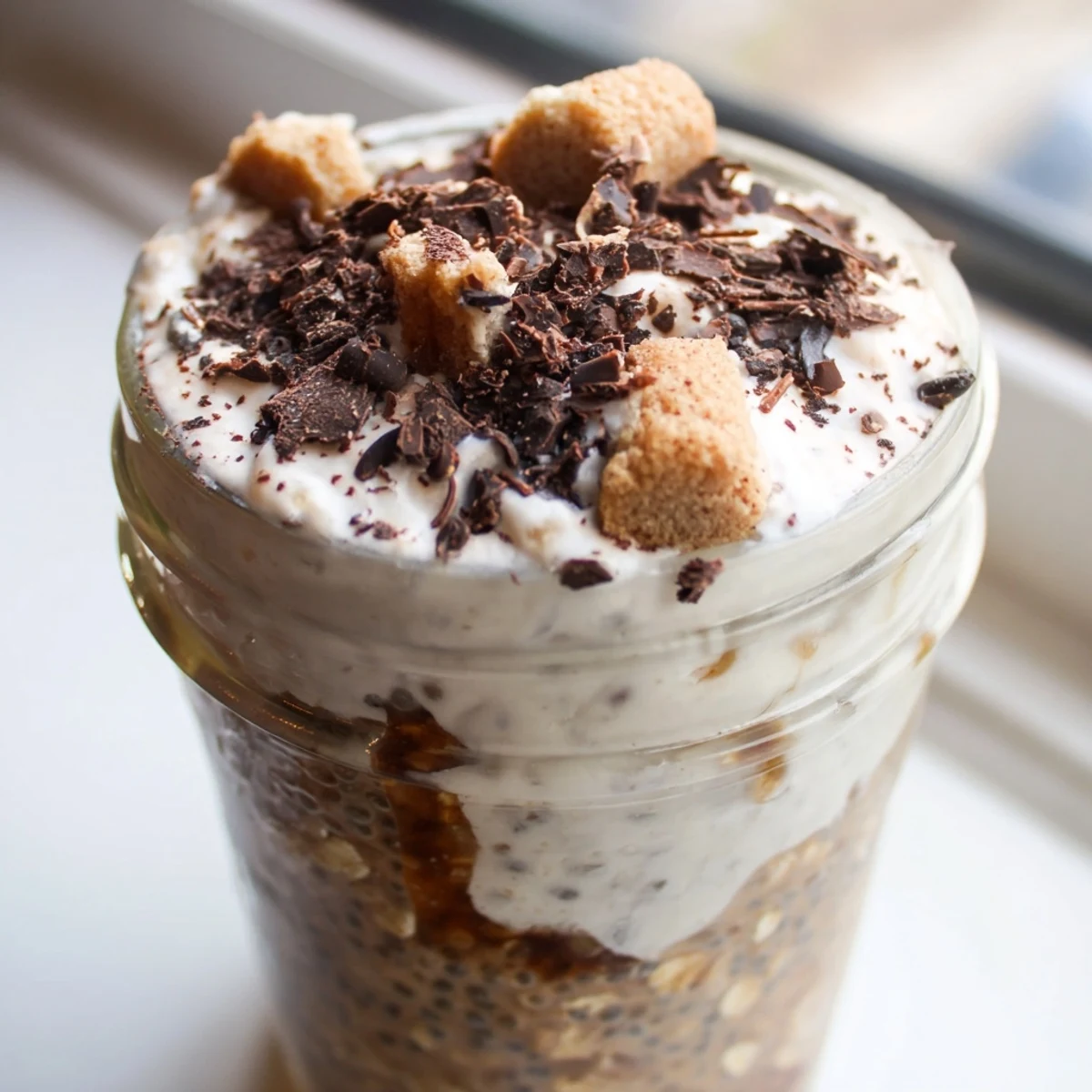Rich coffee-soaked Tiramisu Overnight Oats topped with dark chocolate shavings in a jar
