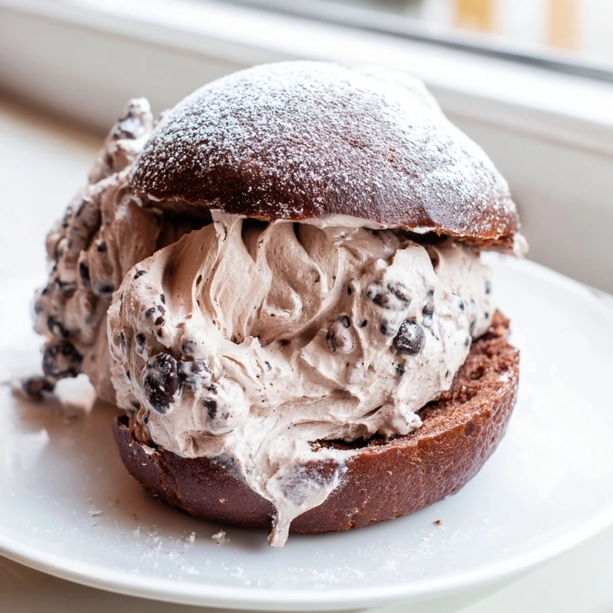 Golden Italian Chocolate Maritozzi buns sliced open and piled high with rich whipped chocolate cream