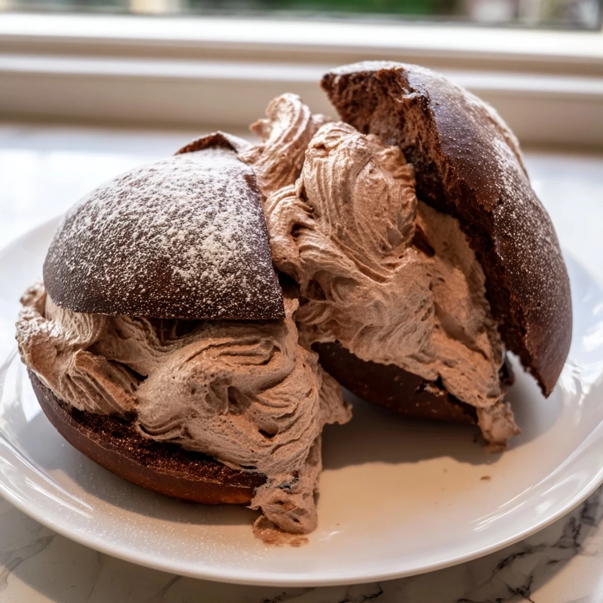 Freshly baked Italian Chocolate Maritozzi cooling on a wire rack with glossy egg-washed tops