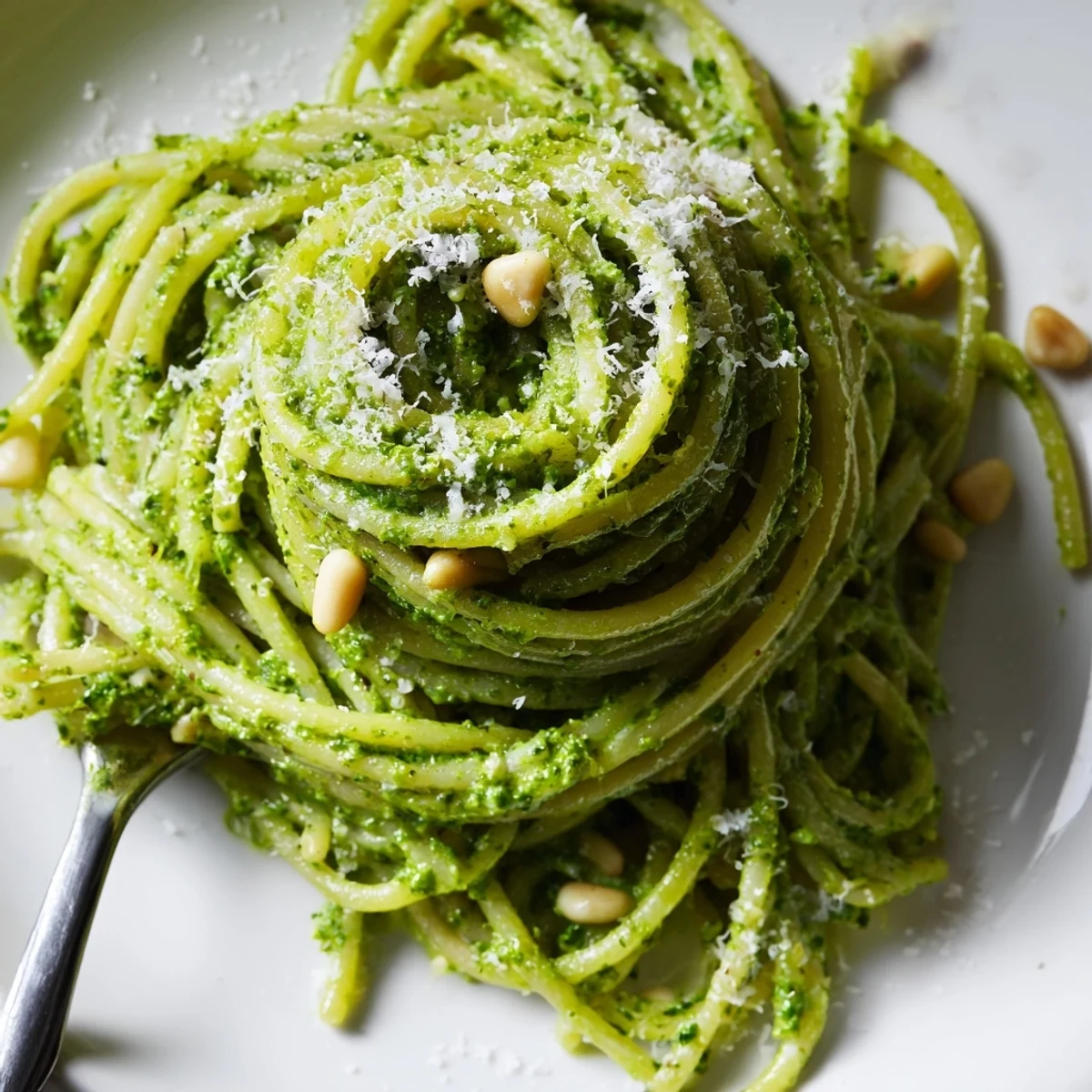Creamy wild garlic pesto pasta coated in vibrant green sauce with toasted pine nuts