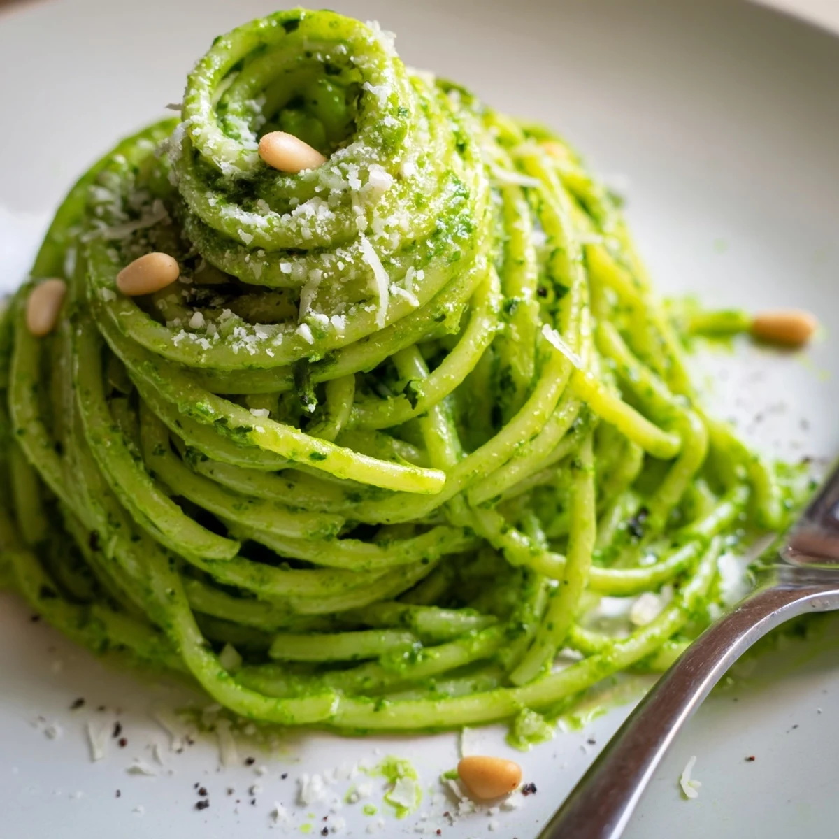 Steaming bowl of wild garlic pesto pasta tossed with fragrant spring herbs and olive oil