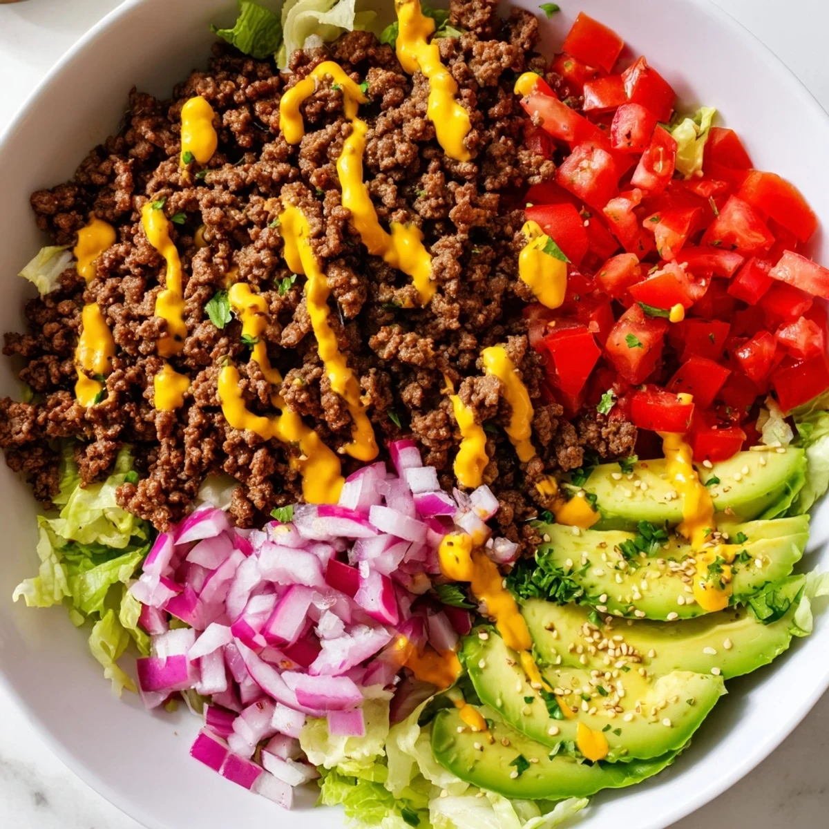 Colorful burger bowls featuring browned beef, sliced avocado, and tangy pickles in rustic bowls