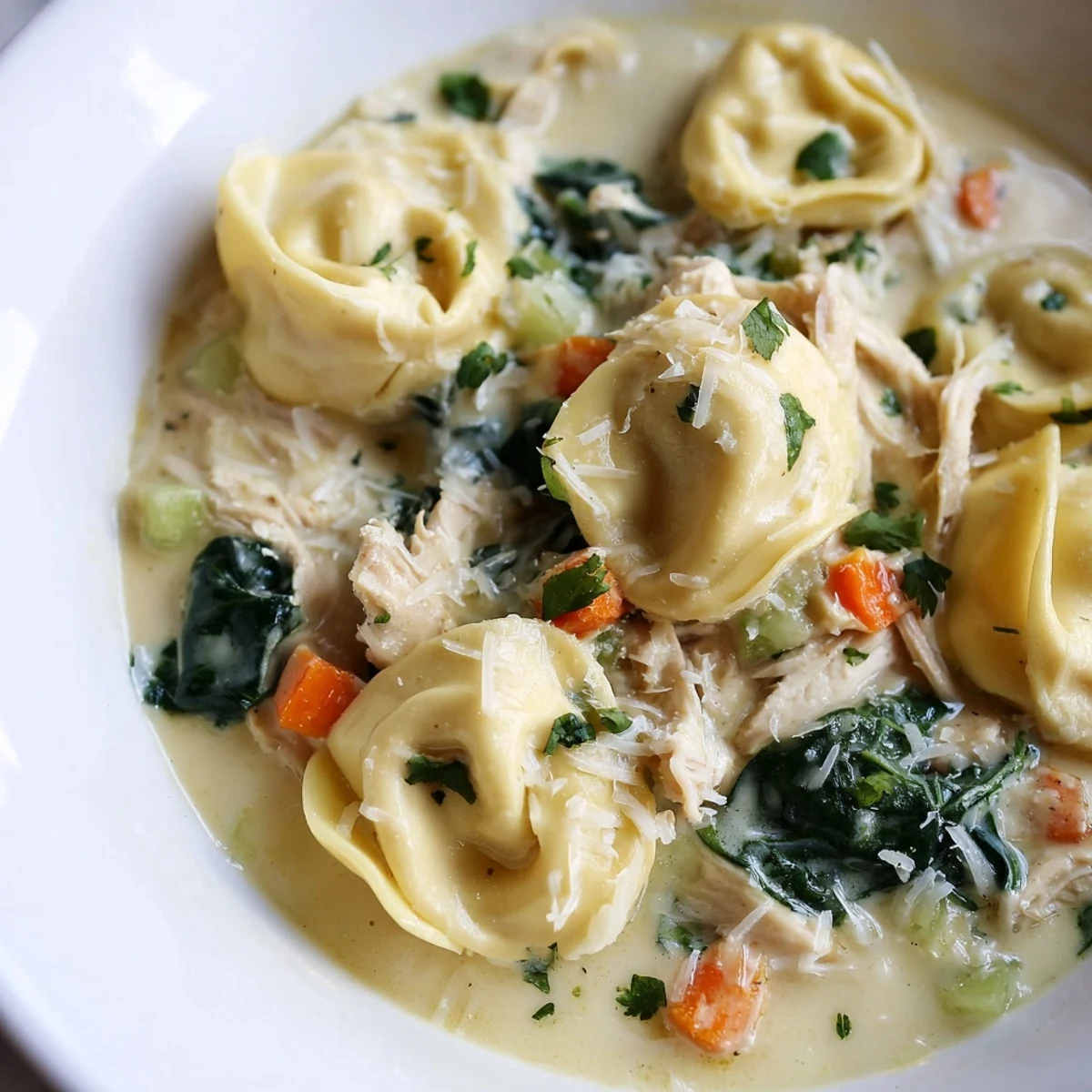 Cheese tortellini and shredded chicken swimming in a velvety slow-cooker cream sauce