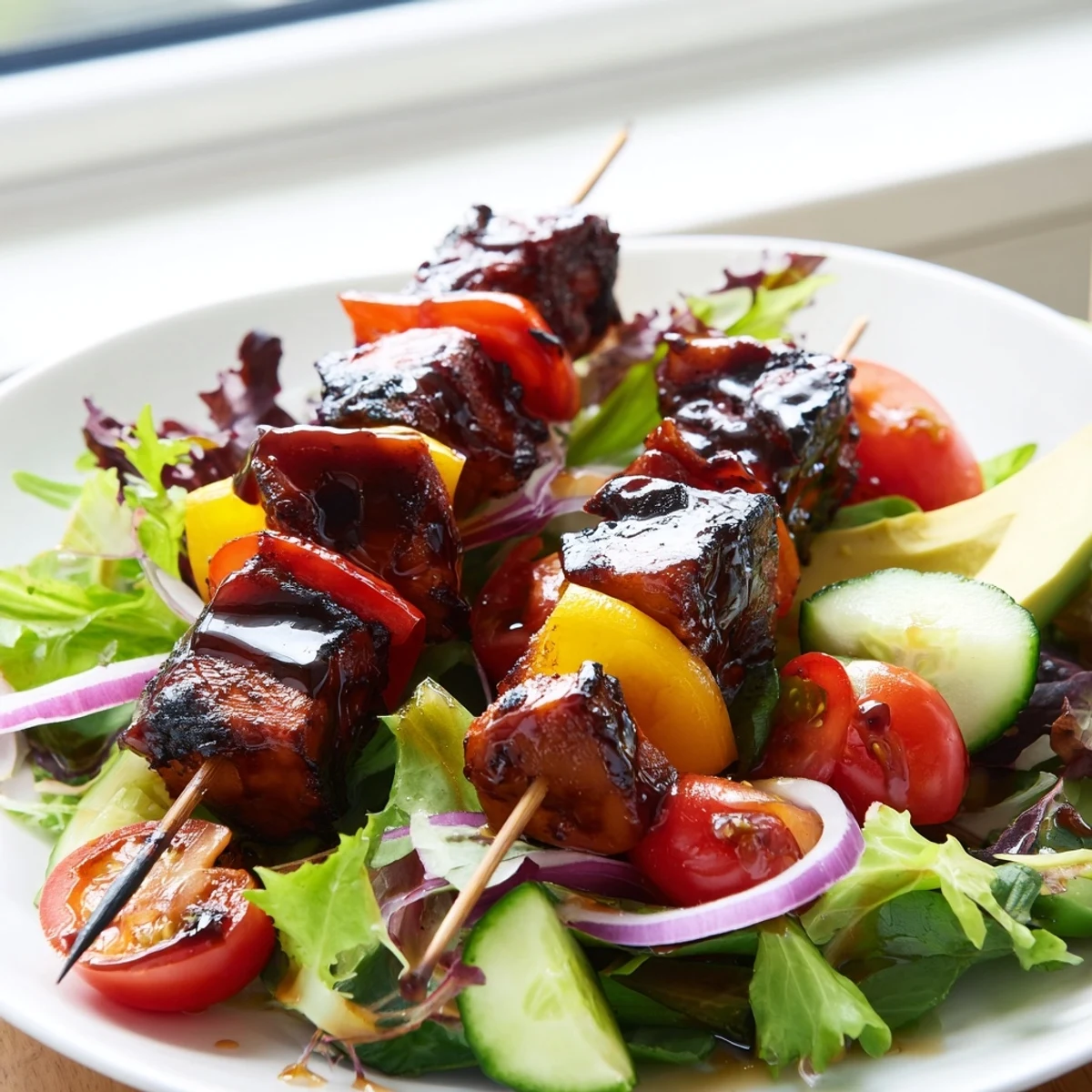BBQ chicken skewer salad with charred edges on crisp summer greens and colorful vegetables