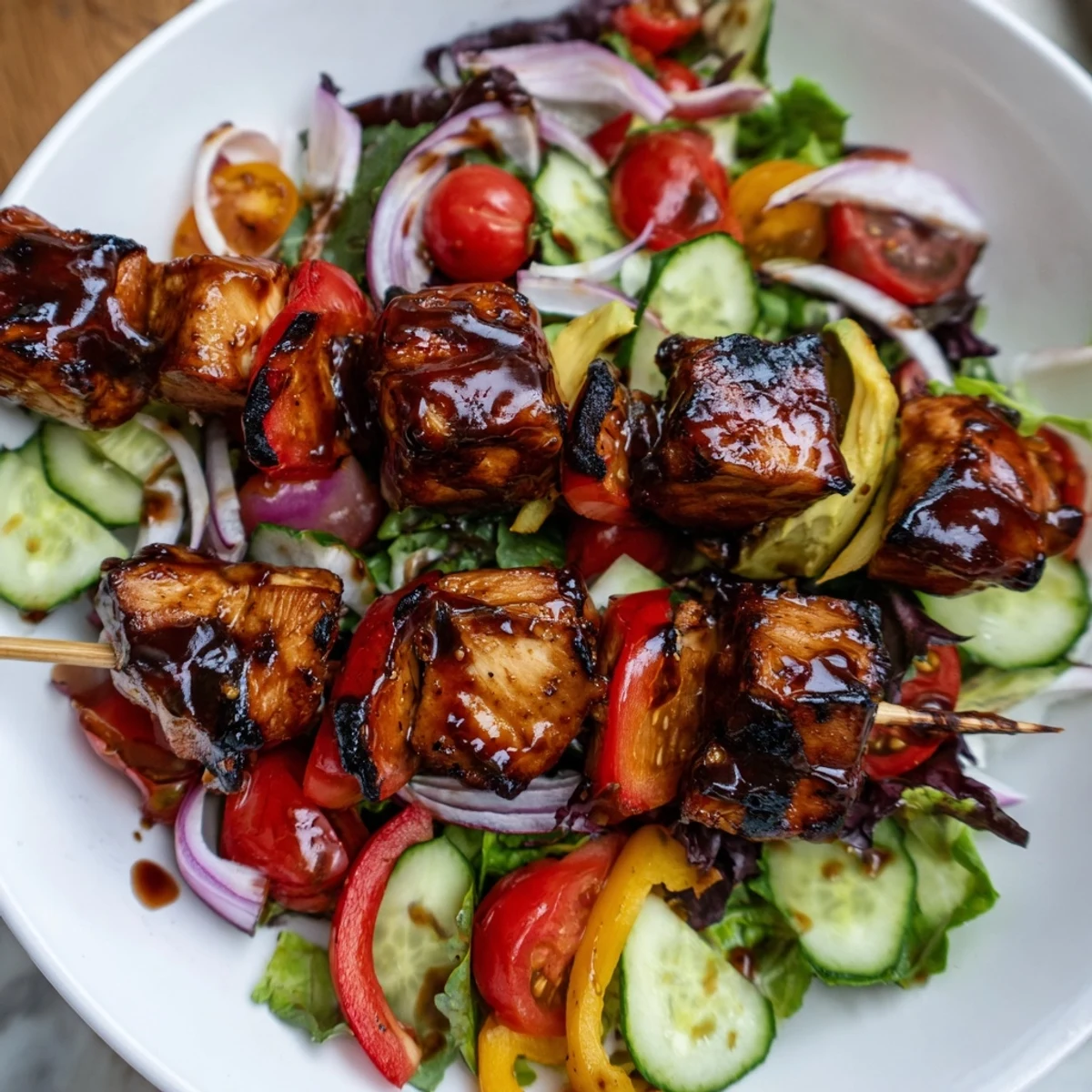 Smoky BBQ chicken skewer salad topped with creamy avocado and vibrant bell peppers