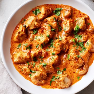 Tender marinated chicken in a rich, spiced tomato cream sauce alongside fluffy basmati rice.