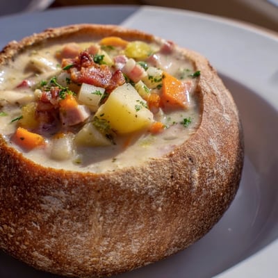 Golden sourdough bowls hold rich Creamy Clam Chowder, filled with tender clams, diced potatoes, and crisp bacon crumbles.