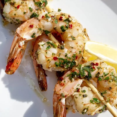 Four Lemon Garlic Shrimp Skewers with Parsley are plated on a white dish with lemon wedges for serving.