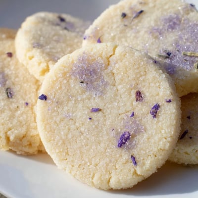 Delicate lilac sugar cookies topped with fragrant purple floral sugar crystals close up