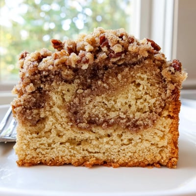 Golden cinnamon pecan crunch coffee cake topped with a crumbly spiced pecan streusel