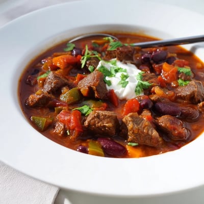 Thick beefy chili stew loaded with chunks of beef, beans, and colorful vegetables in a spicy tomato sauce, garnished with fresh cilantro